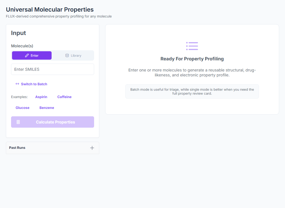 Universal properties input card with SMILES field, batch toggle, and example molecule chips