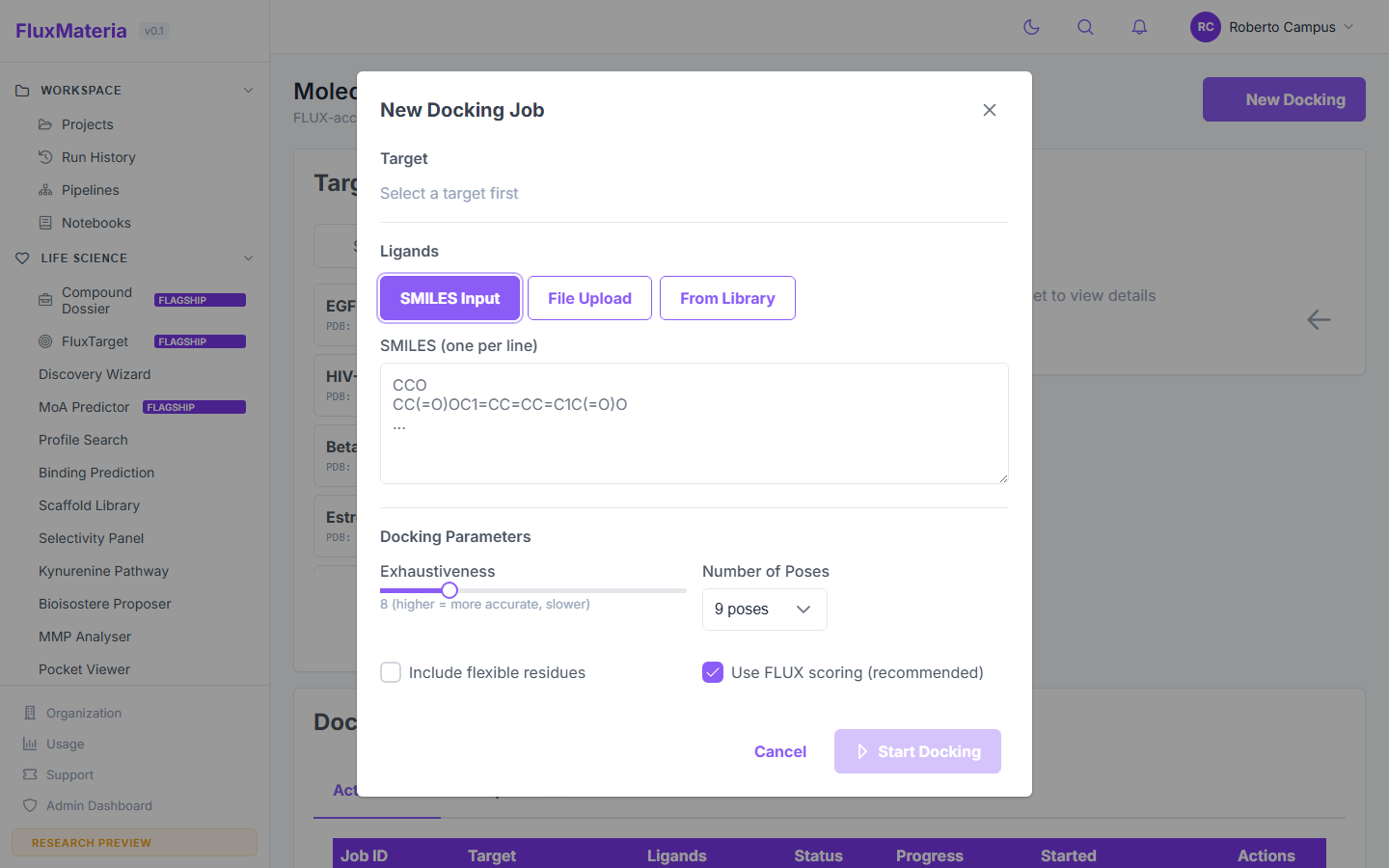 New docking dialog with ligand entry, exhaustiveness, pose count, and flexible residue toggle